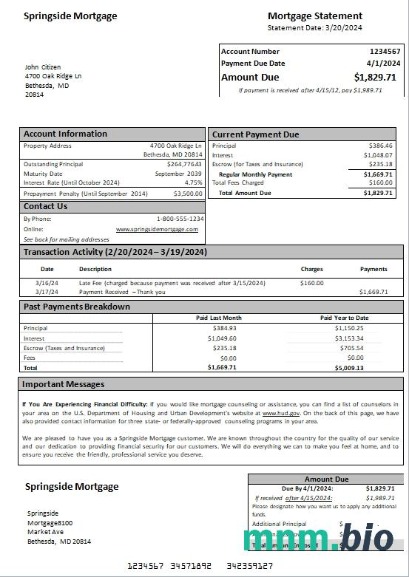 USA Maryland Springside wyciąg z kredytu hipotecznego szablon Word i PDF